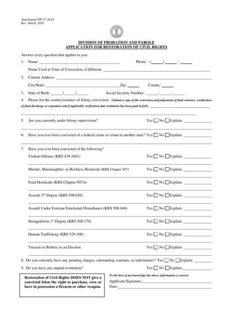 Attachment CPP 27-26-01 Application for Restoration of Civil Rights - Kentucky