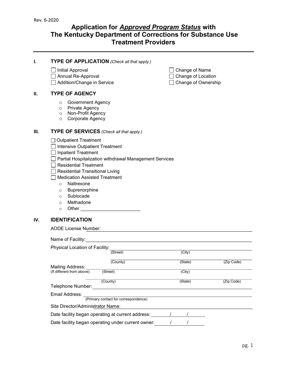 Application for Approved Program Status With the Kentucky Department of Corrections for Substance Use Treatment Providers - Kentucky, Page 1