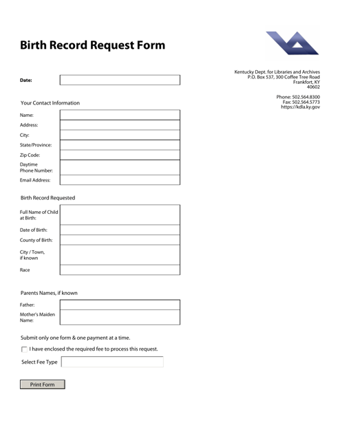 Birth Record Request Form - Kentucky Download Pdf