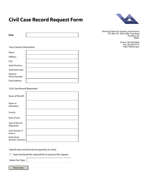 Civil Case Record Request Form - Kentucky Download Pdf
