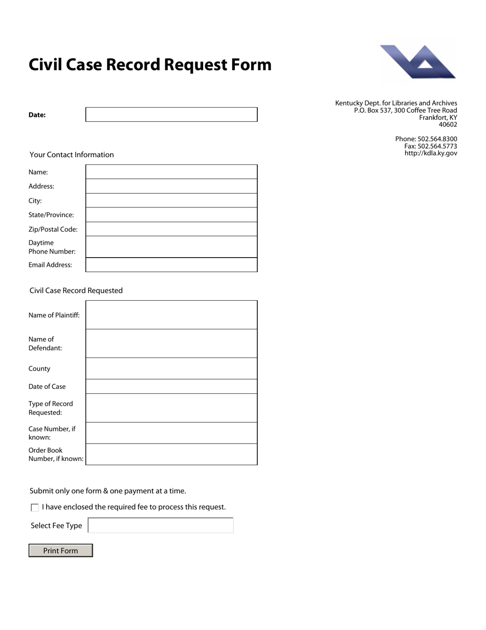 Civil Case Record Request Form - Kentucky, Page 1