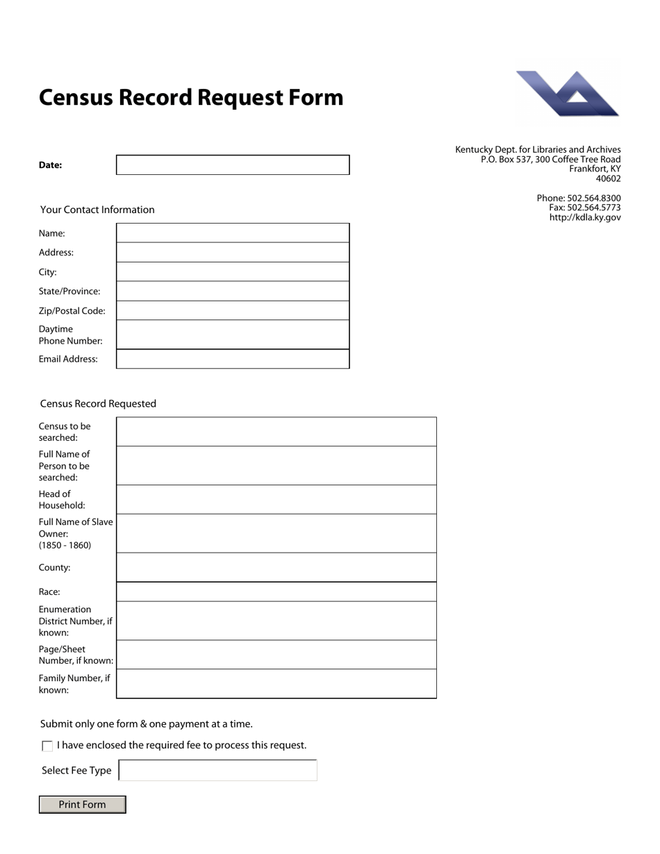 Census Record Request Form - Kentucky, Page 1