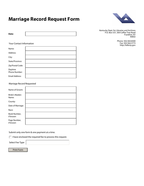 Document preview: Marriage Record Request Form - Kentucky