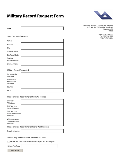 Document preview: Military Record Request Form - Kentucky