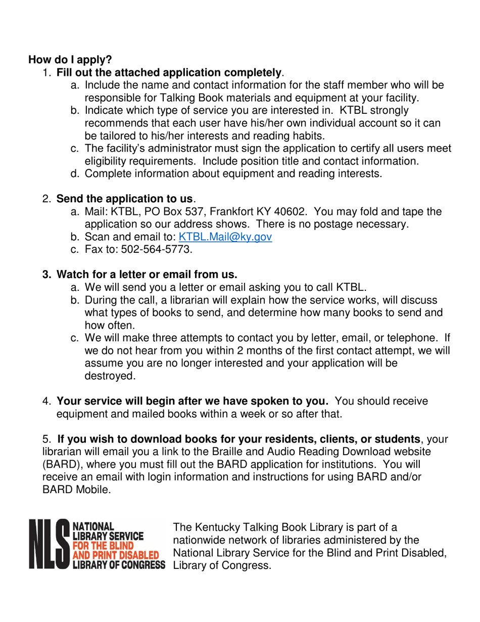 Kentucky Talking Book Library Service Institutional Application - Kentucky, Page 2