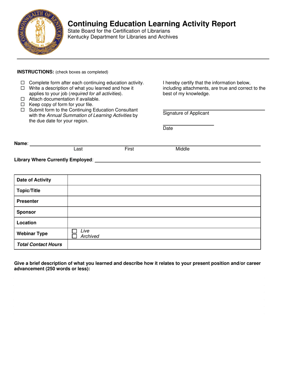 Kentucky Continuing Education Learning Activity Report - Fill Out, Sign ...