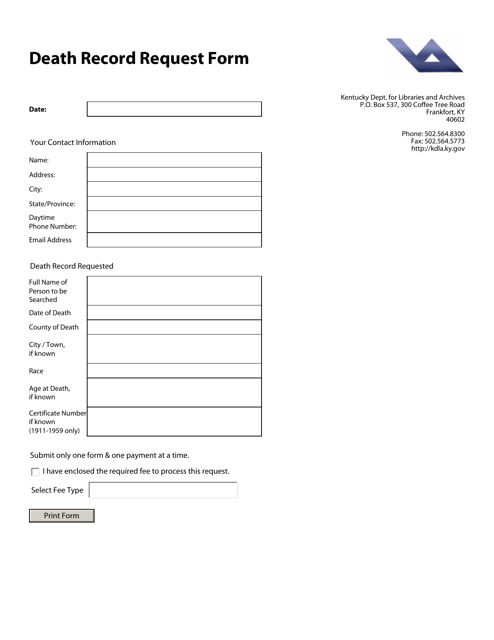 Death Record Request Form - Kentucky Download Pdf