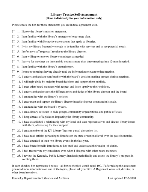 Library Trustee Self-assessment - Kentucky Download Pdf