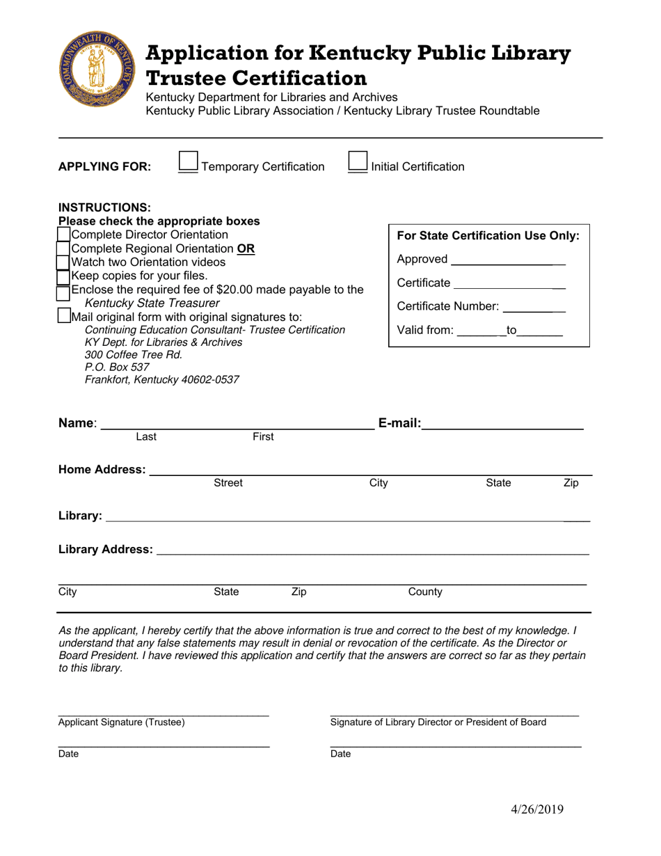 Application for Kentucky Public Library Trustee Certification - Kentucky, Page 1