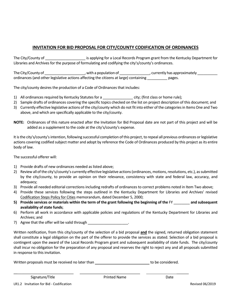 Form LR1.2 Invitation for Bid Proposal for City / County Codification of Ordinances - Kentucky, Page 1