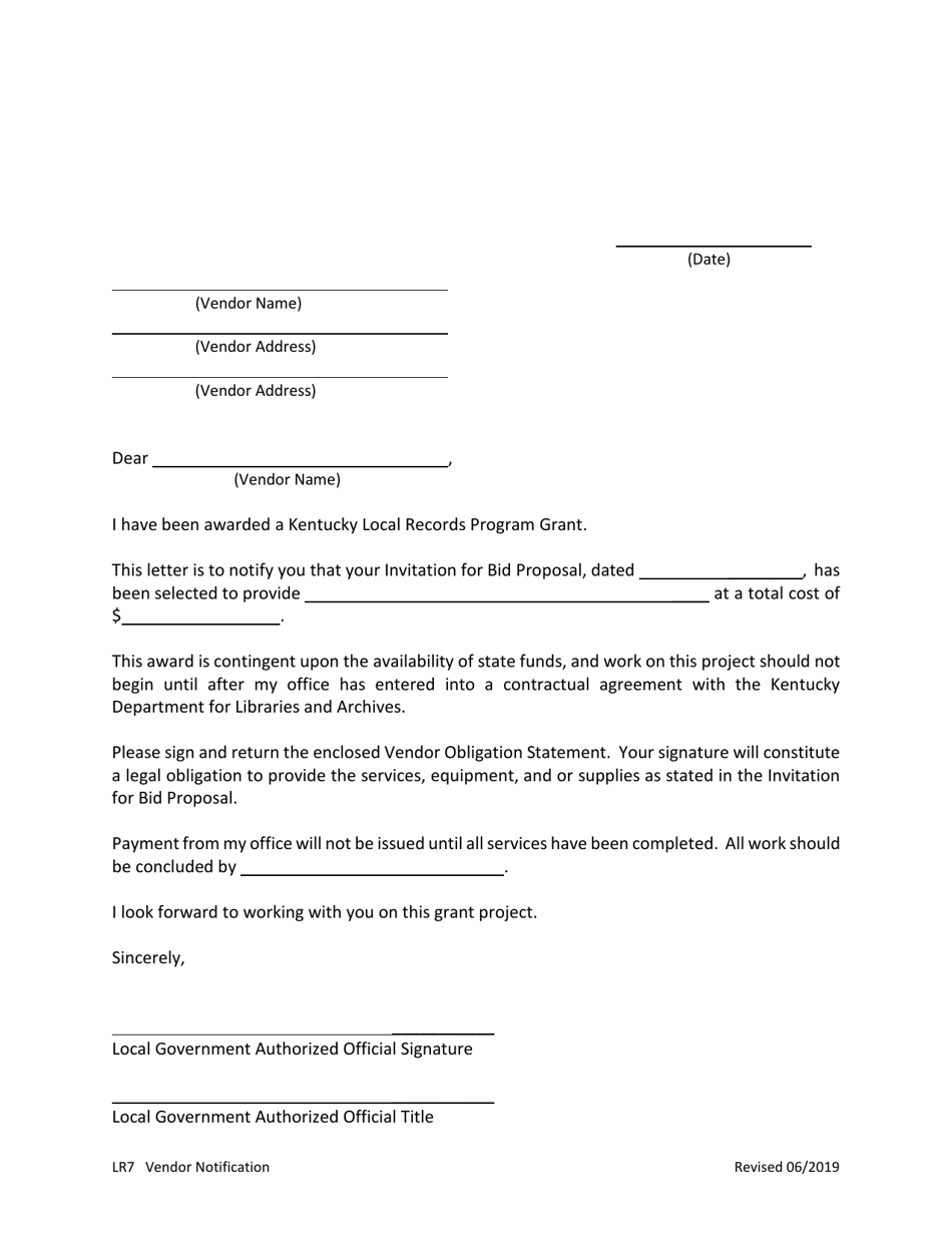 Form LR7 Vendor Notification Letter/Vendor Obligation Statement - Kentucky, Page 1
