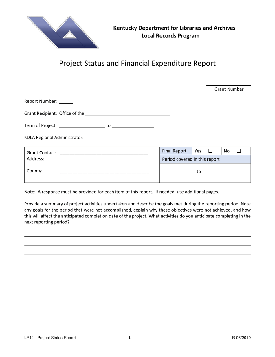 Form LR11 Project Status and Financial Expenditure Report - Kentucky, Page 1