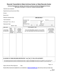 Form ARM70 &quot;Records Transmittal to State Archives Center or State Records Center&quot; - Kentucky