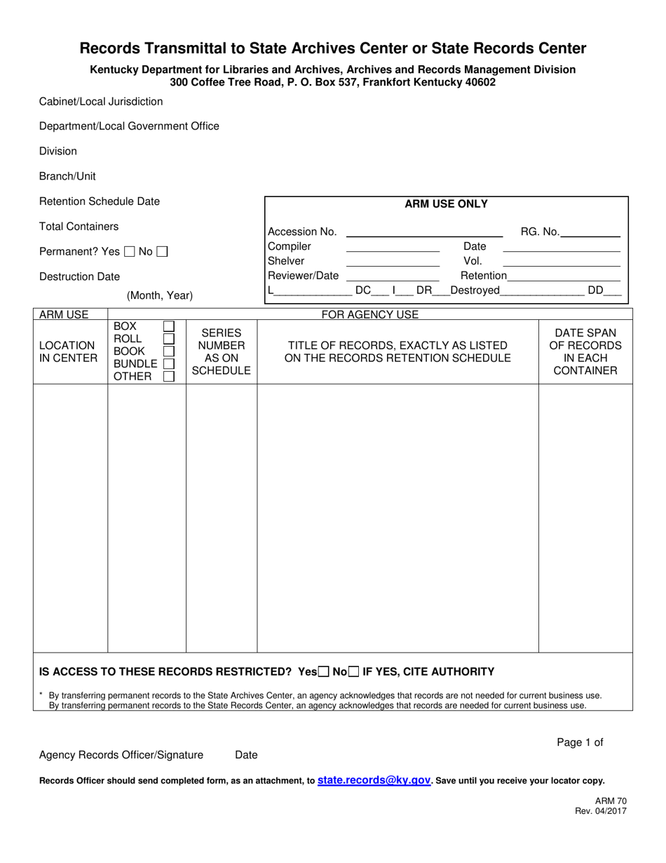 Form ARM70 Records Transmittal to State Archives Center or State Records Center - Kentucky, Page 1