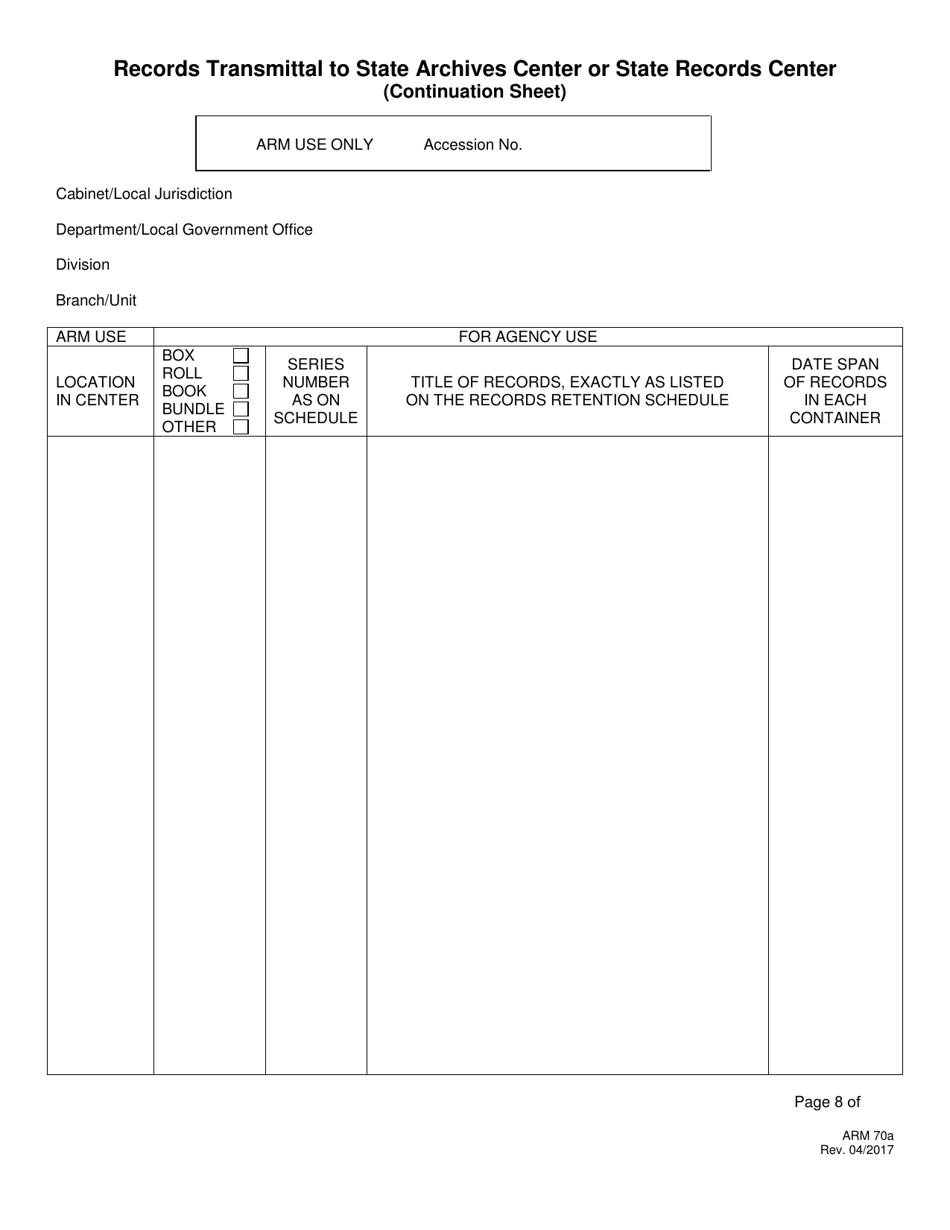 Form ARM70 Records Transmittal to State Archives Center or State Records Center - Kentucky, Page 8