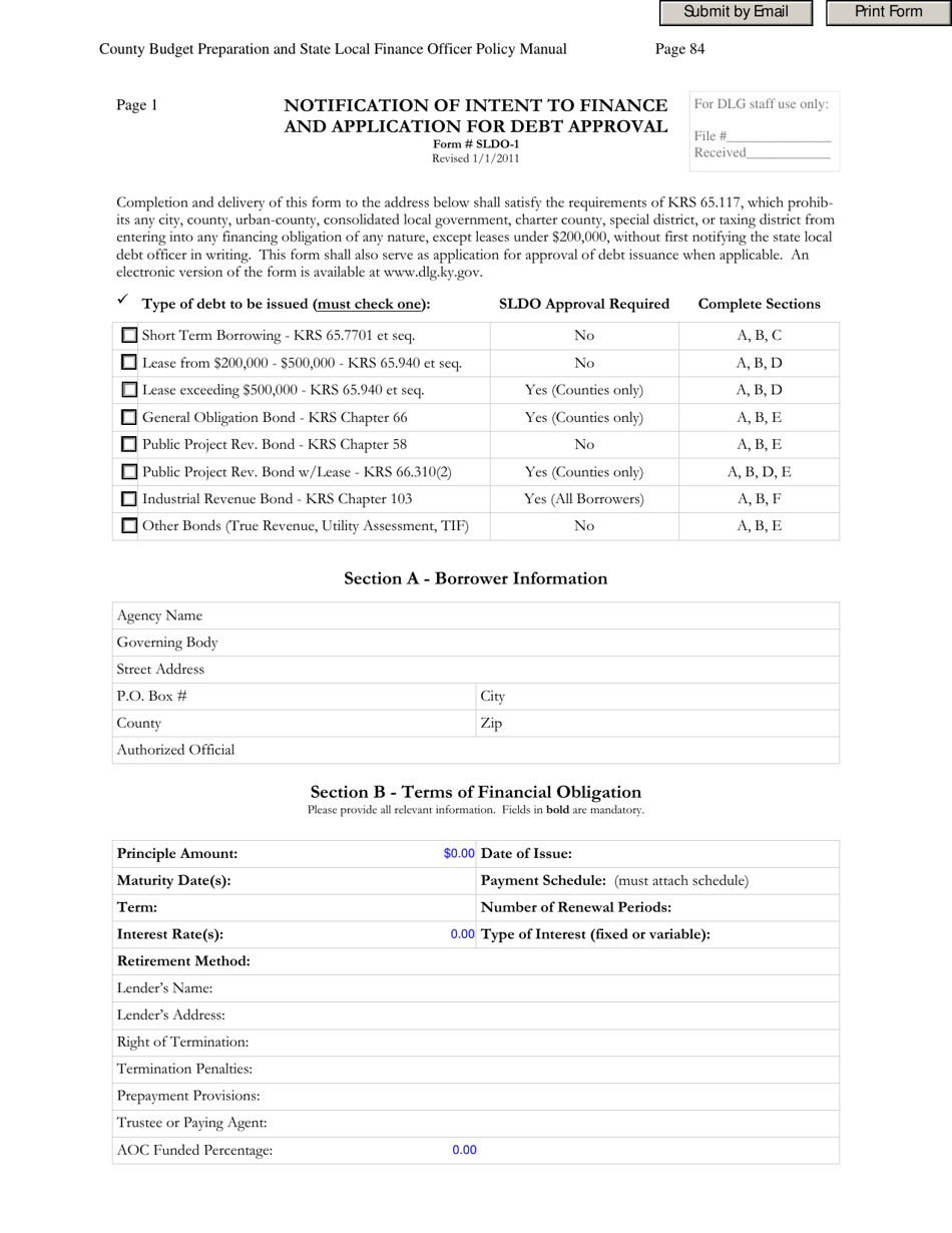Form SLDO-1 Notification of Intent to Finance and Application for Debt Approval - Kentucky, Page 1