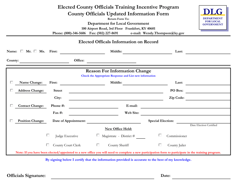 Elected County Officials Training Incentive Program County Officials Updated Information Form - Kentucky Download Pdf