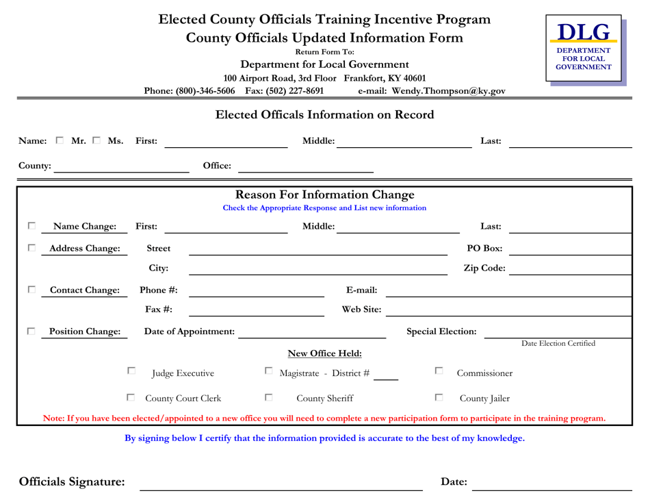 Elected County Officials Training Incentive Program County Officials Updated Information Form - Kentucky, Page 1
