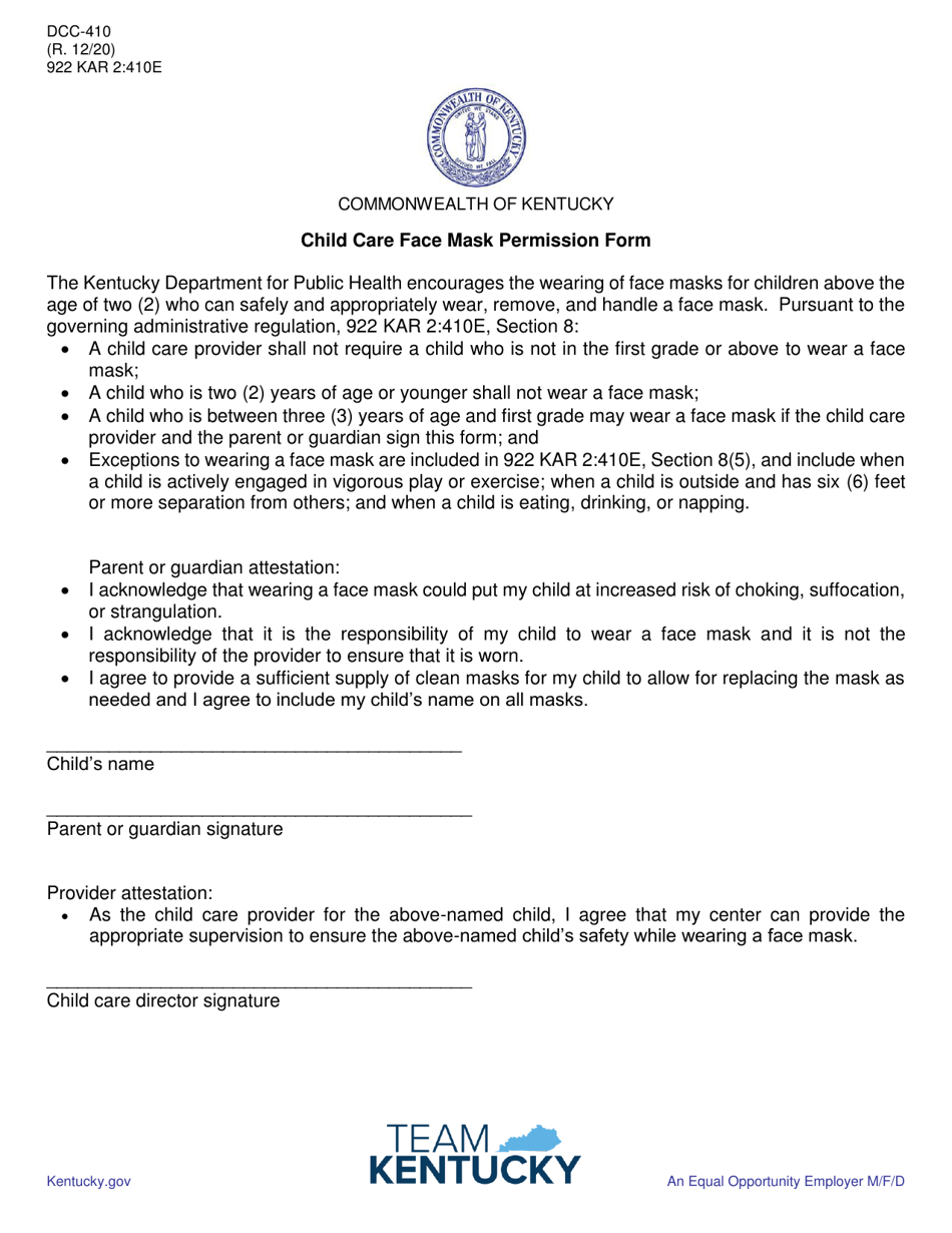 Form DCC-410 Child Care Face Mask Permission Form - Kentucky, Page 1