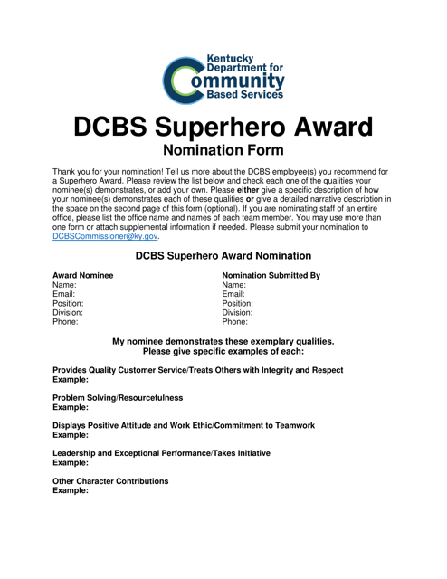 Dcbs Superhero Award Nomination Form - Kentucky