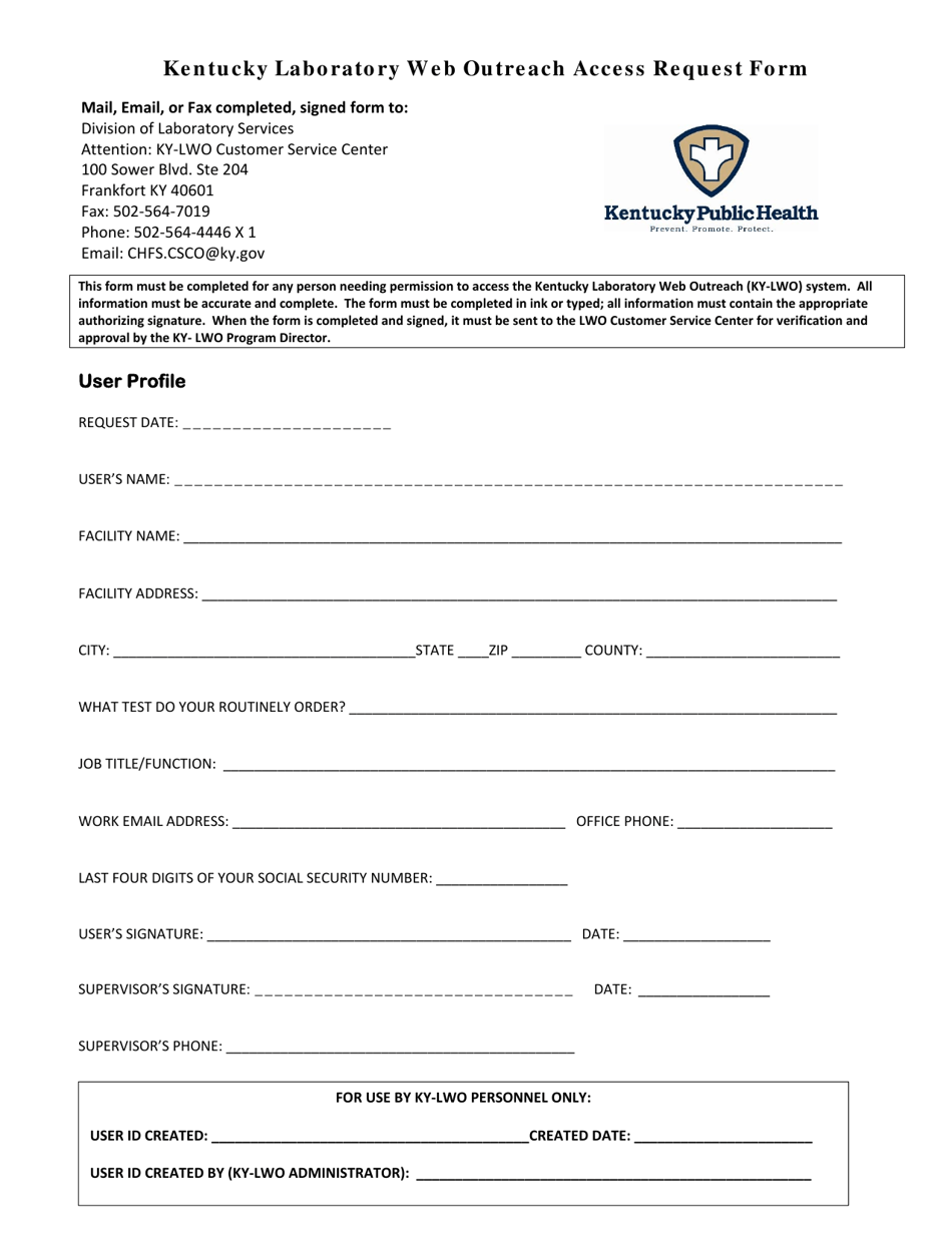 Kentucky Laboratory Web Outreach Access Request Form - Kentucky, Page 1