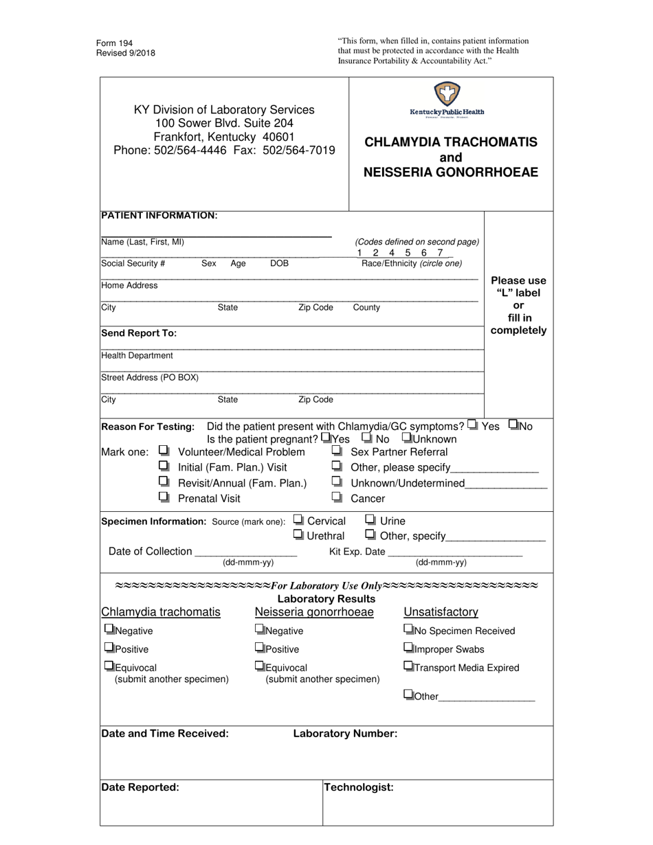Form 194 Chlamydia Trachomatis and Neisseria Gonorrhoeae - Kentucky, Page 1