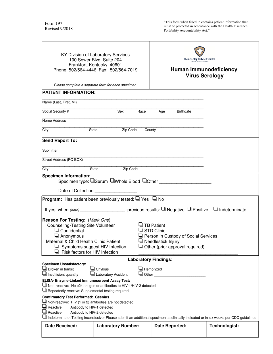 Form 197 Human Immunodeficiency Virus Serology - Kentucky, Page 1