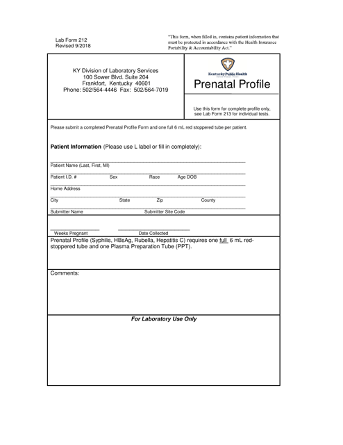 Lab Form 212 Prenatal Profile - Kentucky