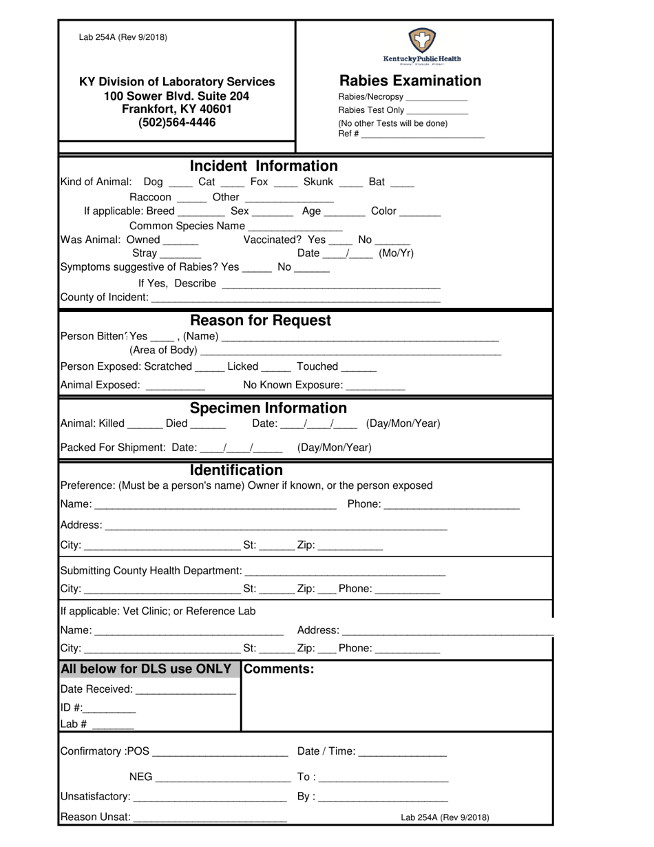 Lab Form 254A Rabies Examination - Kentucky, Page 1