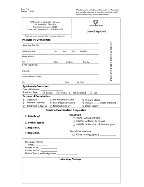 Lab Form 213 Serodiagnosis - Kentucky