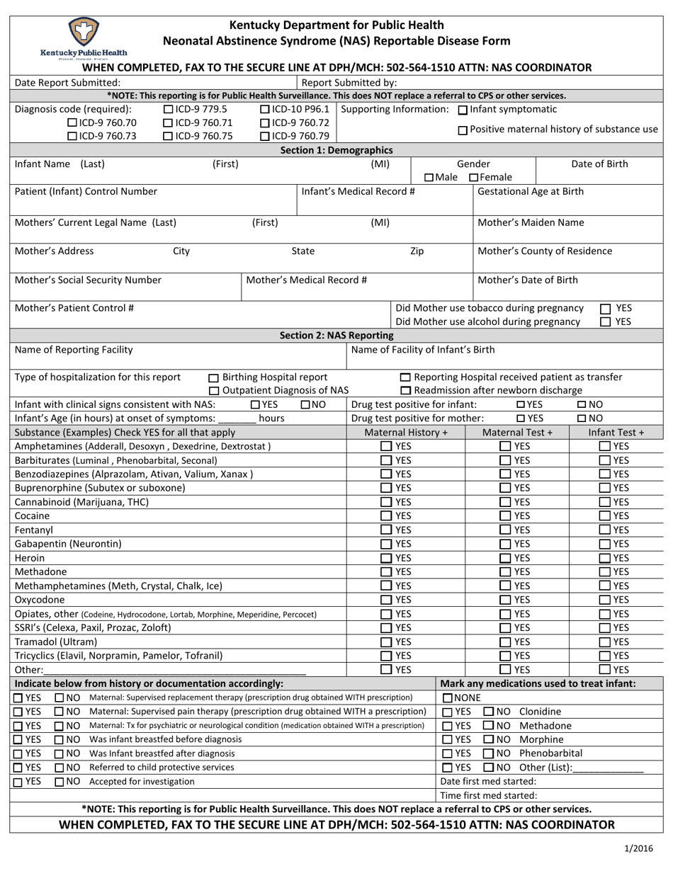 Neonatal Abstinence Syndrome (Nas) Reportable Disease Form - Kentucky, Page 1