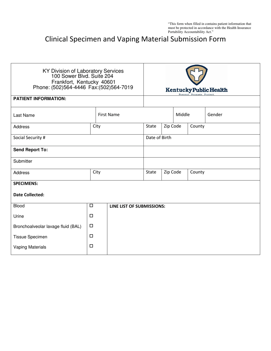 Clinical Specimen and Vaping Material Submission Form - Kentucky, Page 1