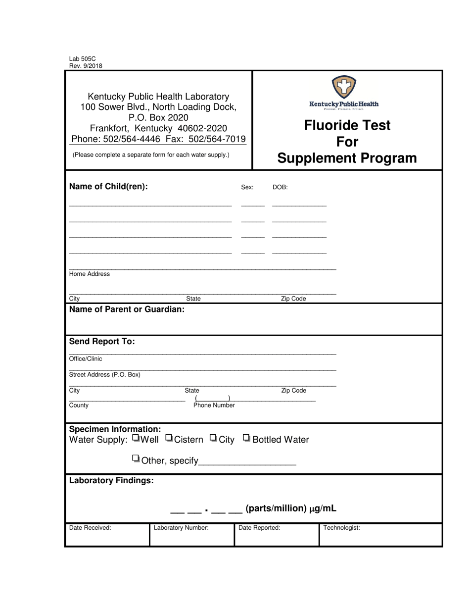Form LAB505C Fluoride Test for Supplement Program - Kentucky, Page 1