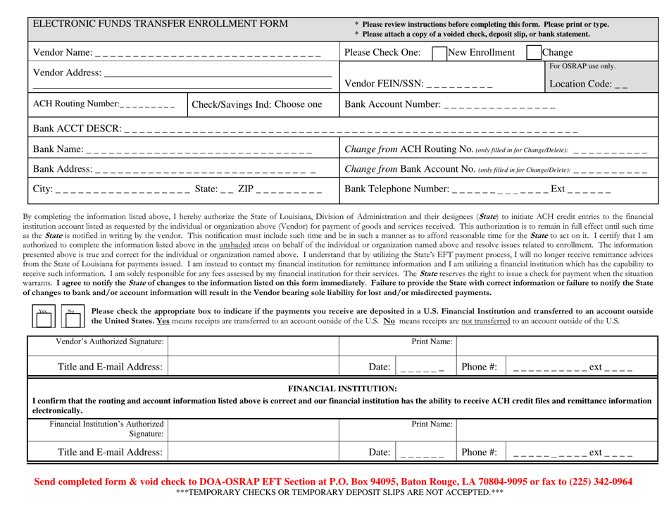 Louisiana Electronic Funds Transfer Enrollment Form Fill Out Sign