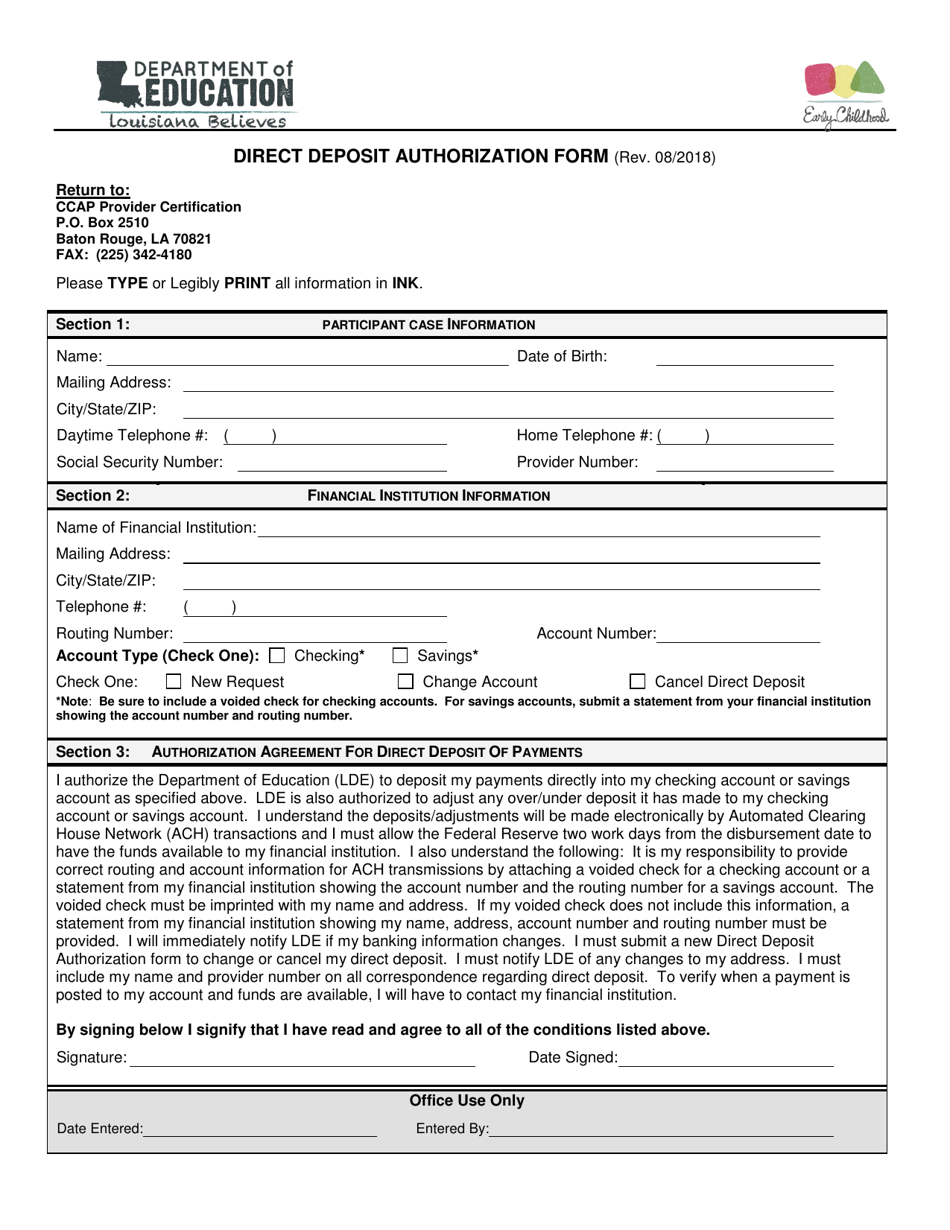 Direct Deposit Authorization Form - Louisiana, Page 1