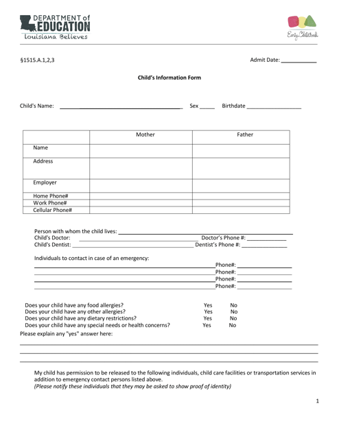 Child's Information Form - Louisiana Download Pdf