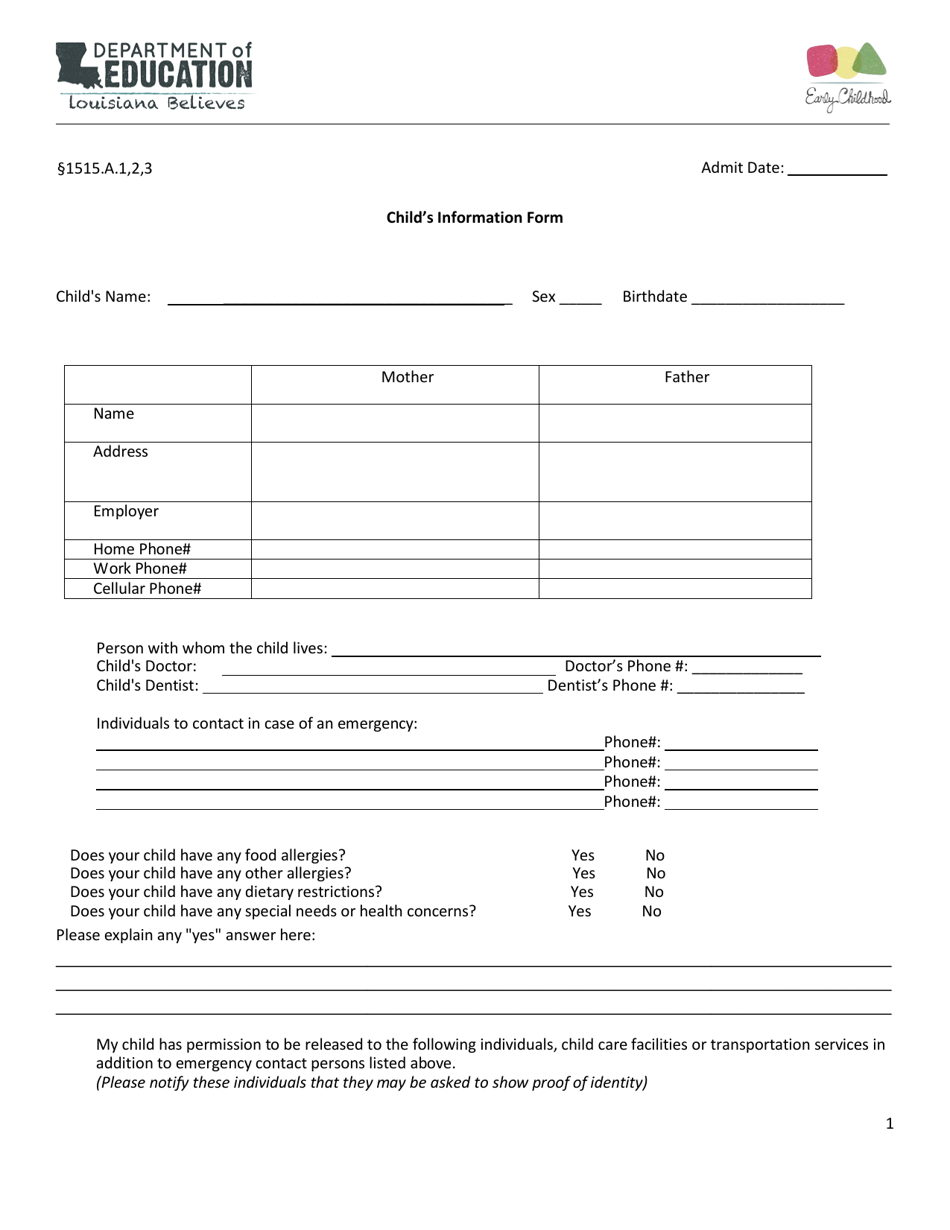 Child's Information Form - Louisiana, Page 1