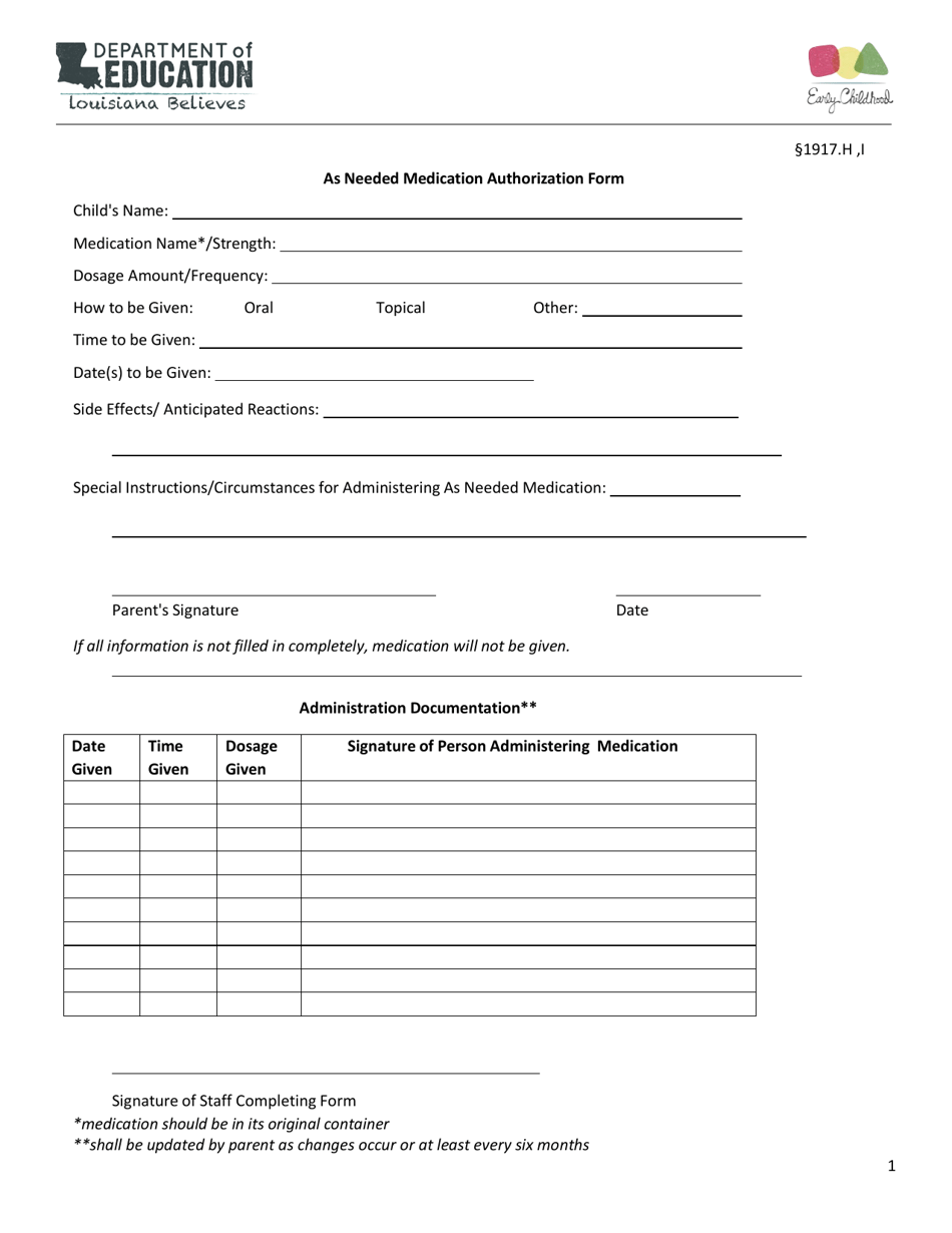 As Needed Medication Authorization Form - Louisiana, Page 1