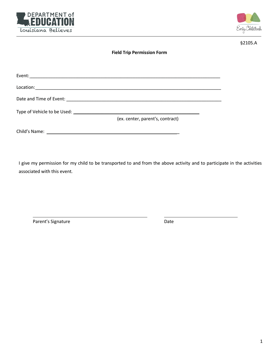 Field Trip Permission Form - Louisiana, Page 1