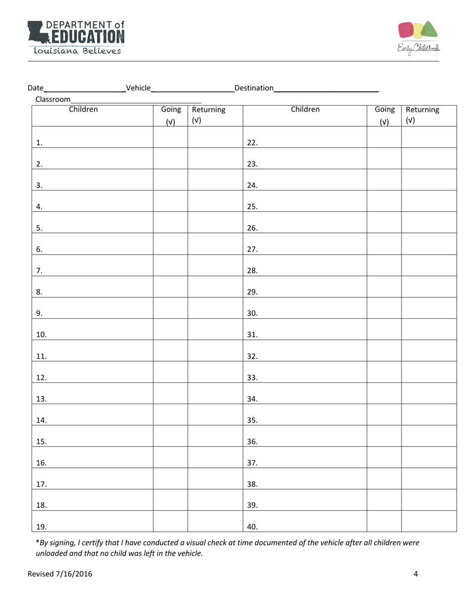 Field Trip Transportation Log - Louisiana, Page 4