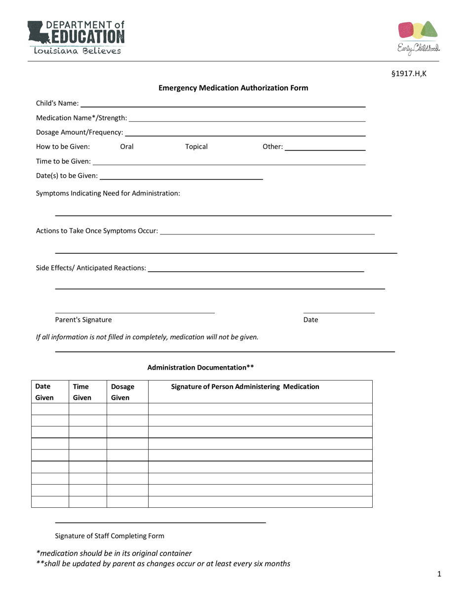 Emergency Medication Authorization Form - Louisiana, Page 1