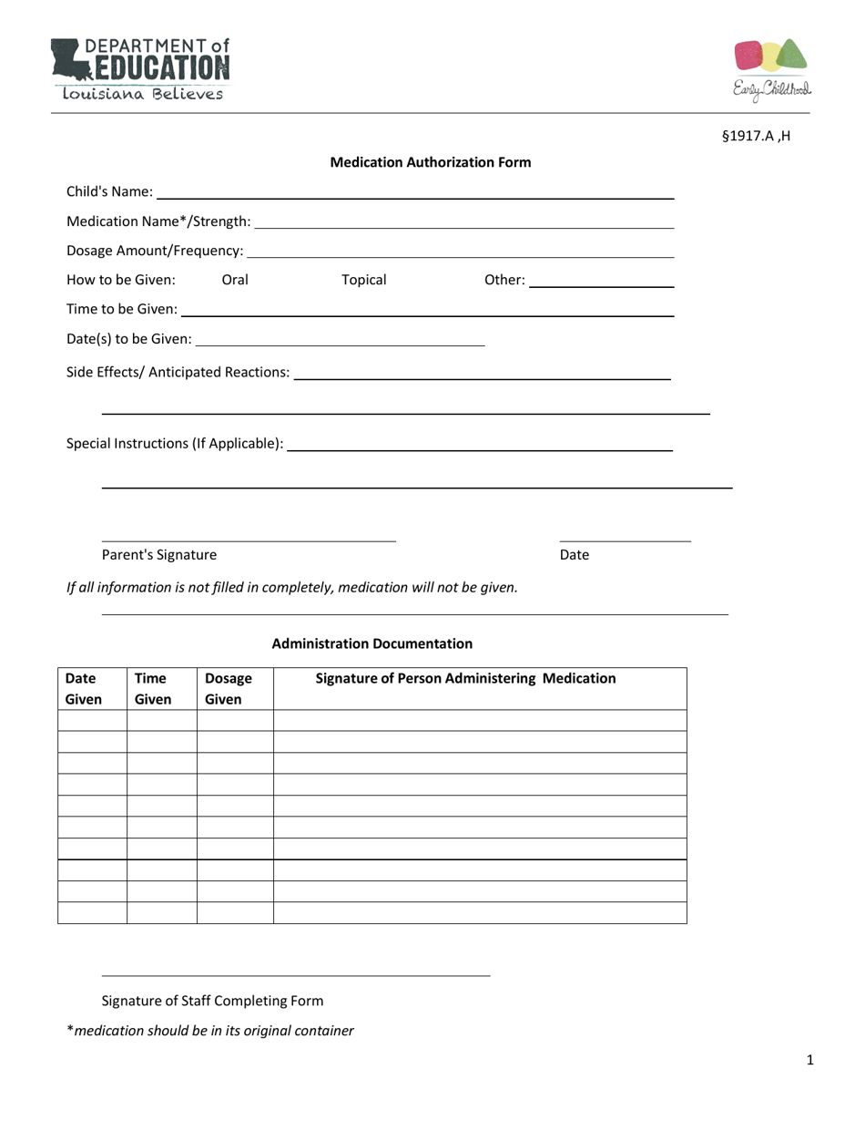 Medication Authorization Form - Louisiana, Page 1