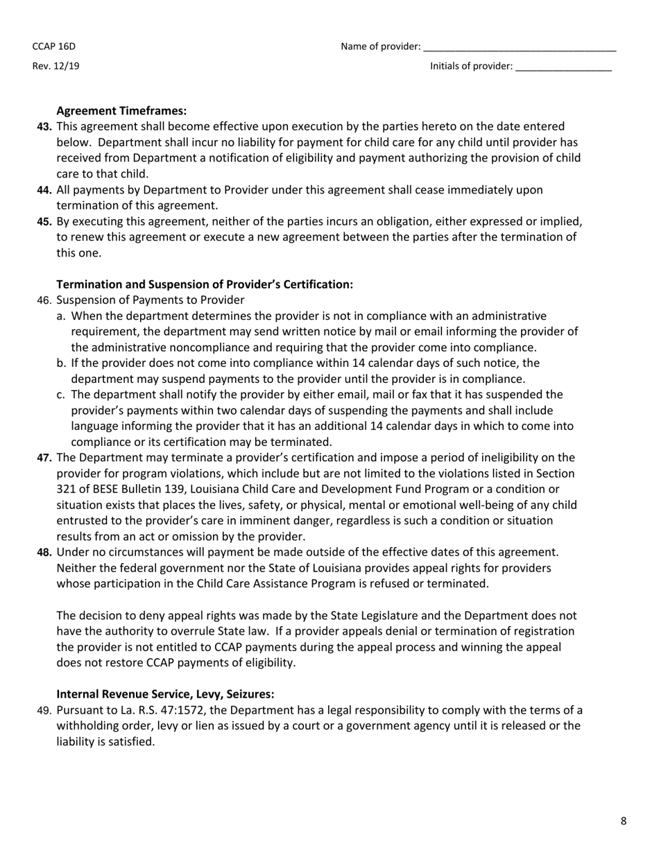 Form CCAP16D Provider Agreement for Family Child Care Provider (Type R) - Louisiana, Page 8