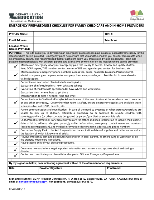 Emergency Preparedness Checklist for Family Child Care and in-Home Providers - Louisiana Download Pdf