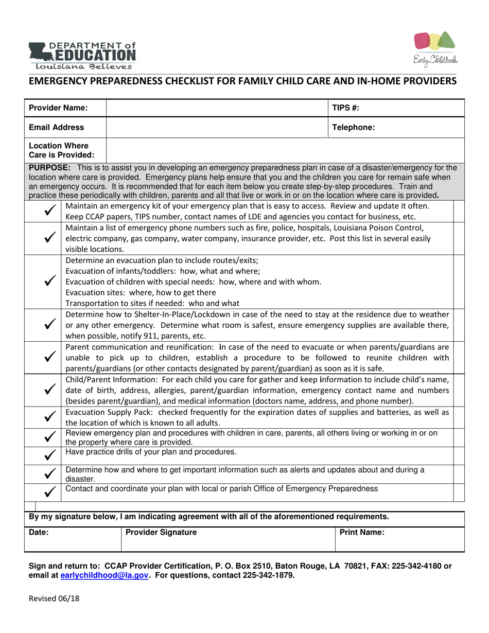 Emergency Preparedness Checklist for Family Child Care and in-Home Providers - Louisiana, Page 1