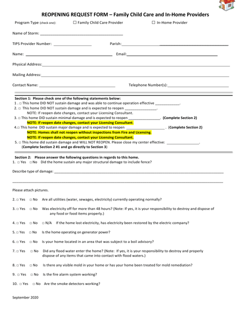 Reopening Request Form - Family Child Care and in-Home Providers - Louisiana Download Pdf