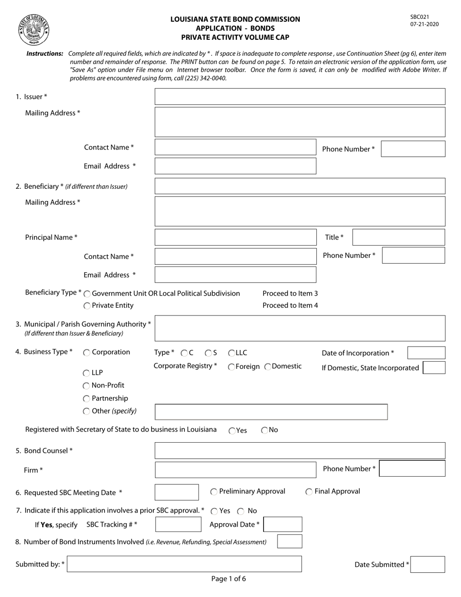 Form SBC021 Application - Bonds Private Activity Volume Cap - Louisiana, Page 1