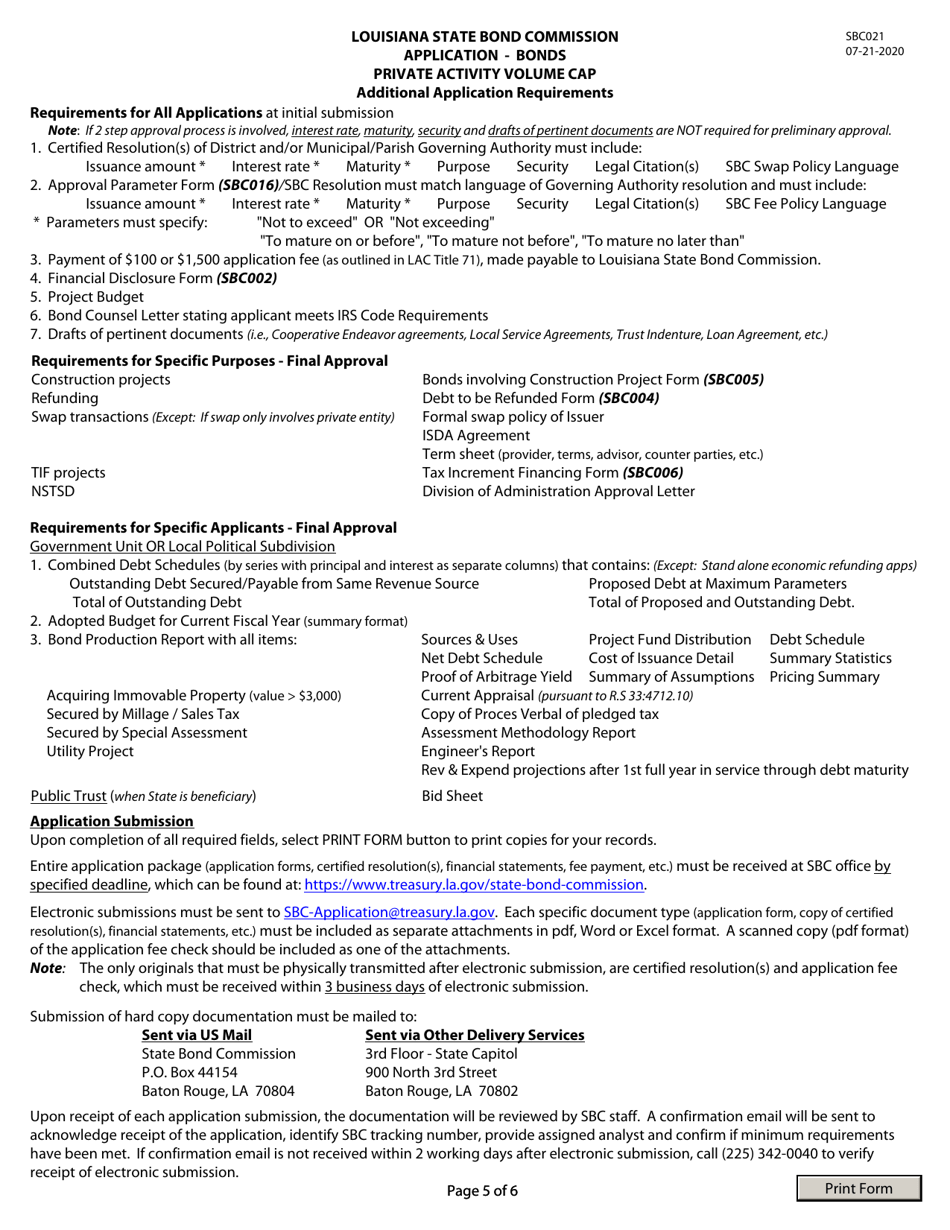 Form SBC021 Application - Bonds Private Activity Volume Cap - Louisiana, Page 5