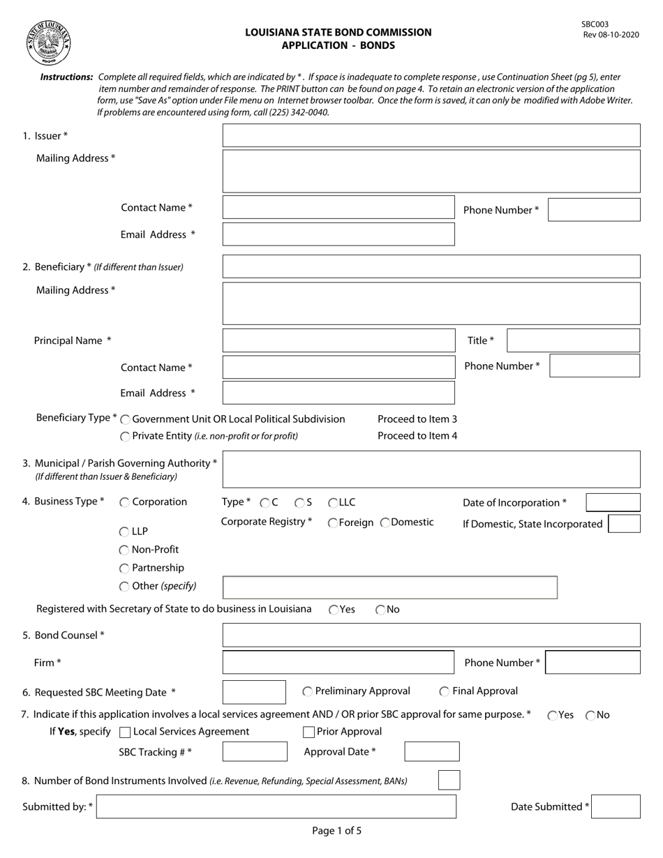Form SBC003 Application - Bonds - Louisiana, Page 1