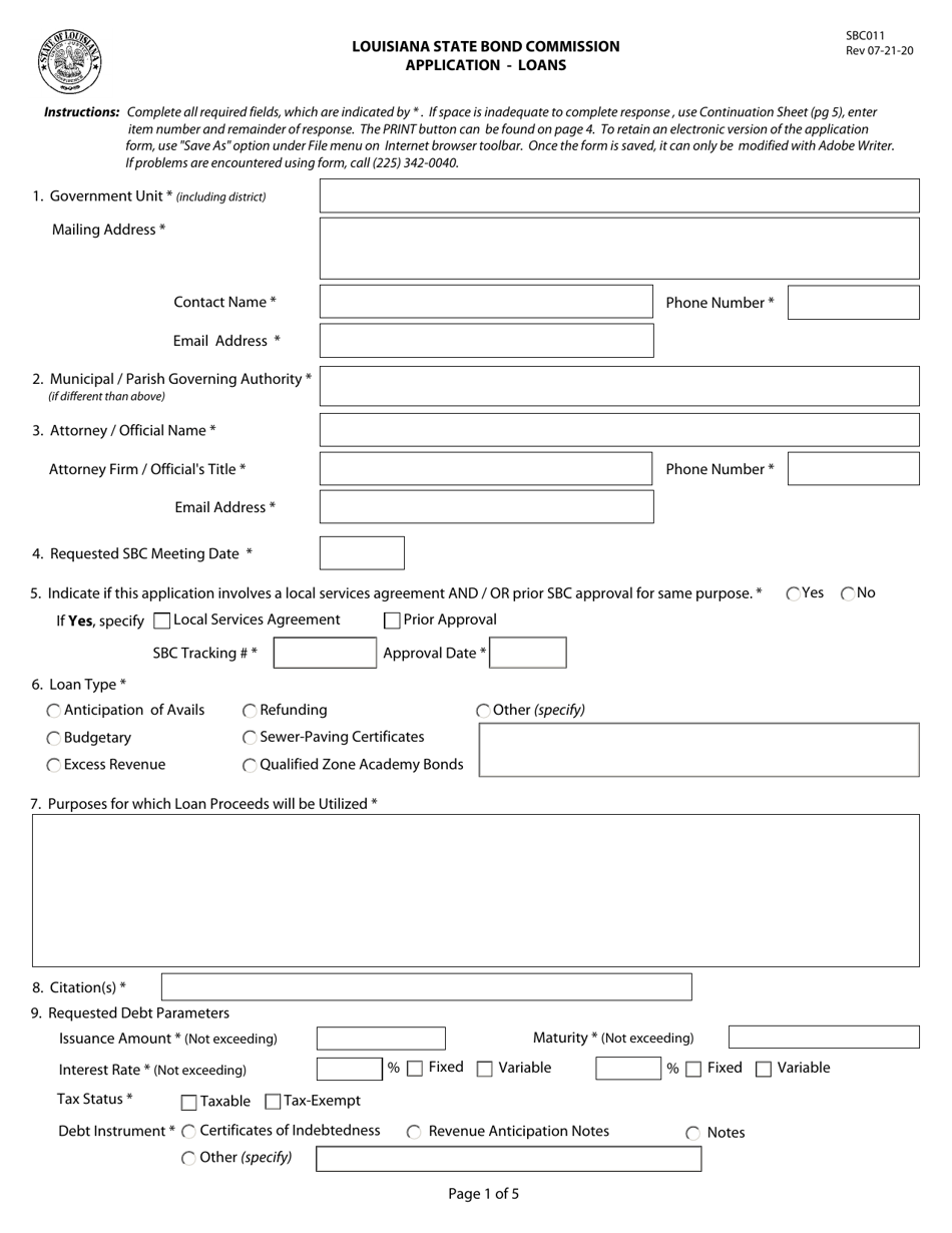 Form SBC011 Application - Loans - Louisiana, Page 1
